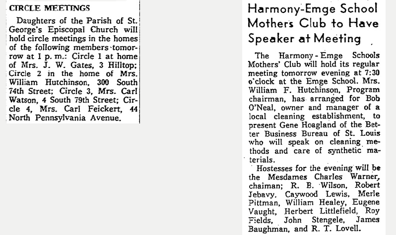 Clippings from the Belleville News Democrat February 8, 1960 announcing a Circle Meeting at the home of Mrs. William Hutchinson and a November 11, 1958 Harmony-Emge Mother's club meeting where Mrs. William Hutchinson was mentioned