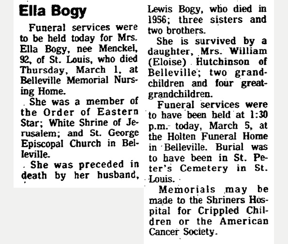 Eloise Hutchinson's Mother's Obituary clipping from the Belleville News Democrat 3/5/1979