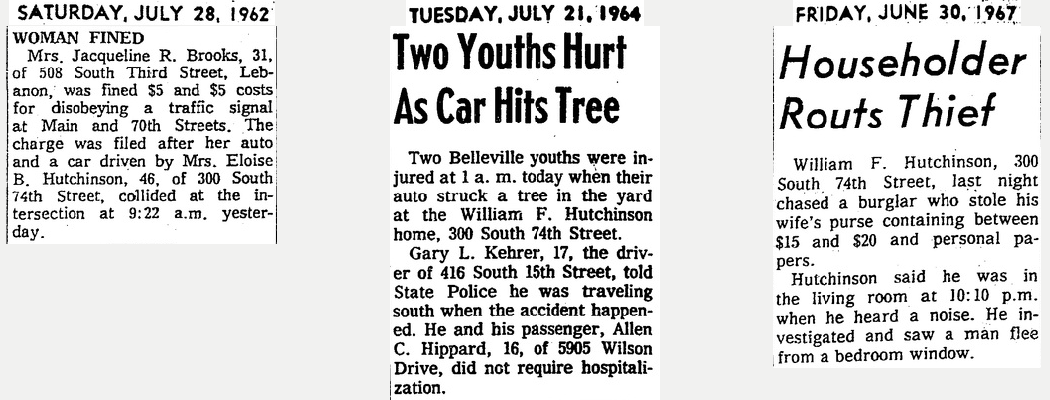 Clippings from the Belleville News Democrat about traffic accidents and a residential burglary