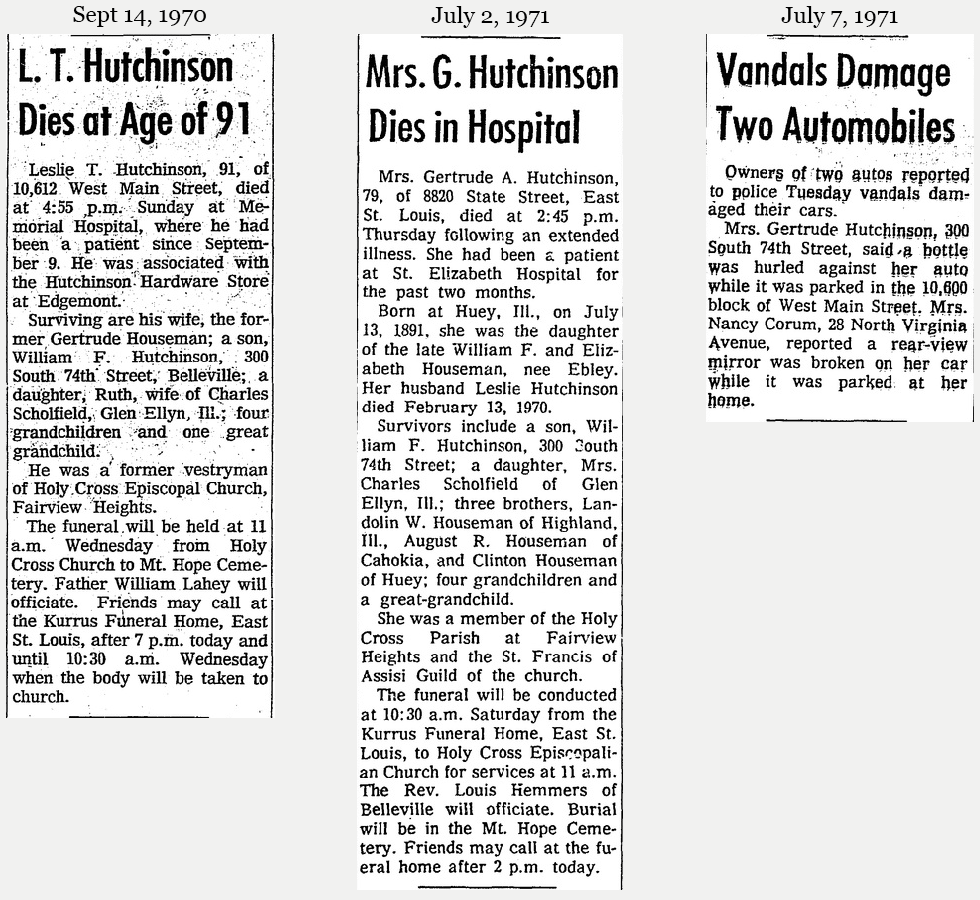 Clippings of articles about Leslie and Gertrude Hutchinson Obituaries and Vandals Damage Gertrude Hutchinson's Car